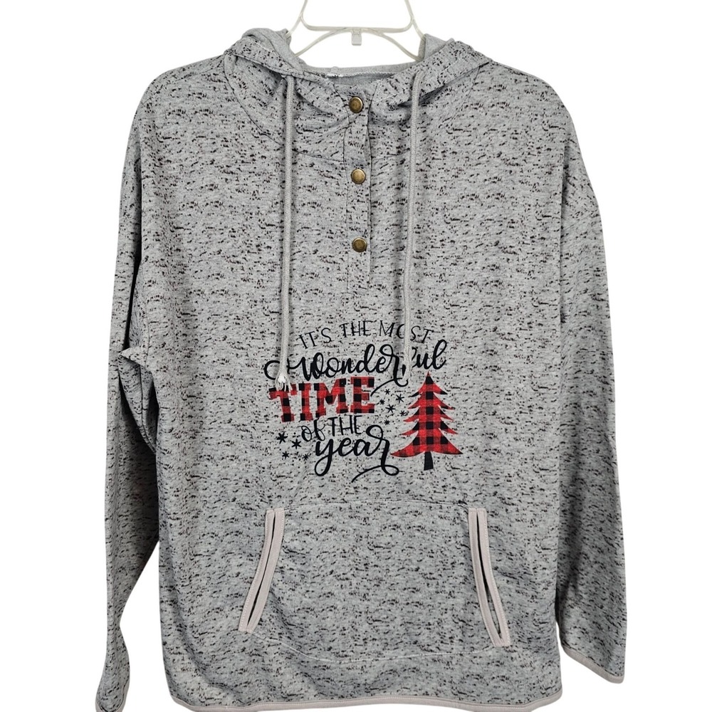 Womens M Grey Holiday Hoodie Pullover Top‎ Kangaroo Pocket Soft Festive Lounge